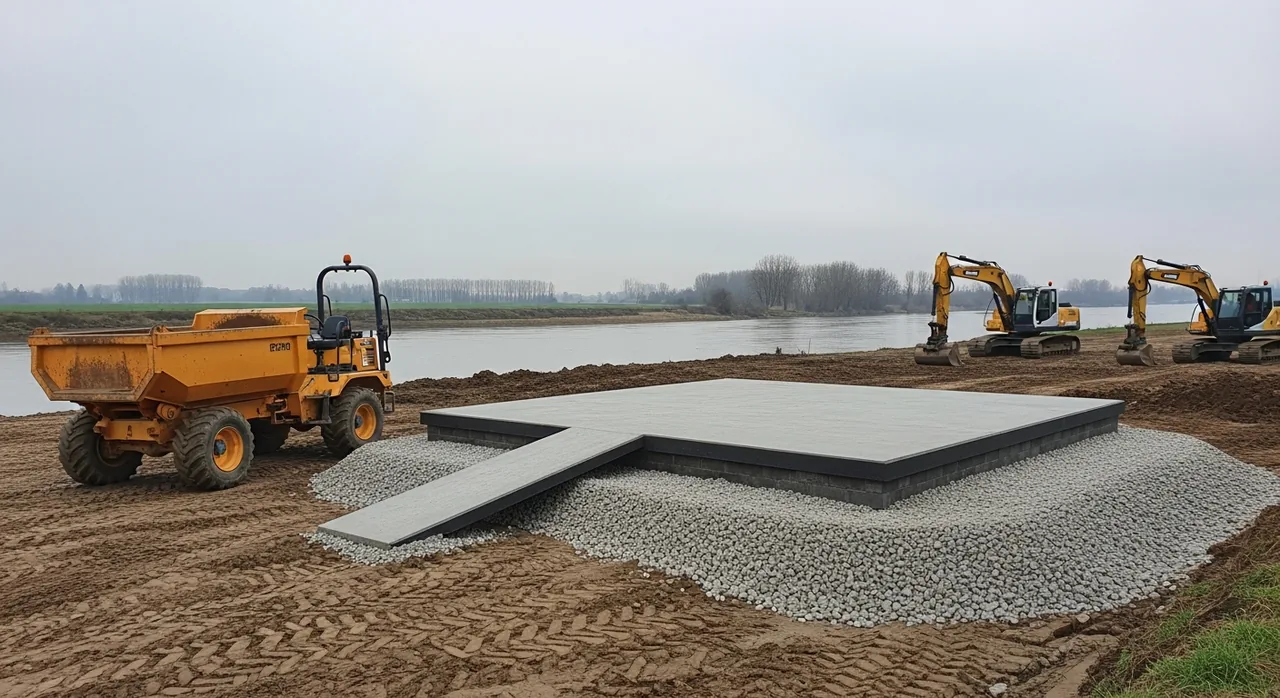 Terrassement d'une plateforme en plaine alluviale à Dole, avec gestion de l'eau