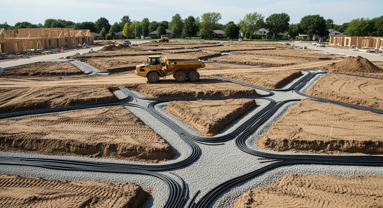 Tranchées de viabilisation d'un terrain à Quetigny